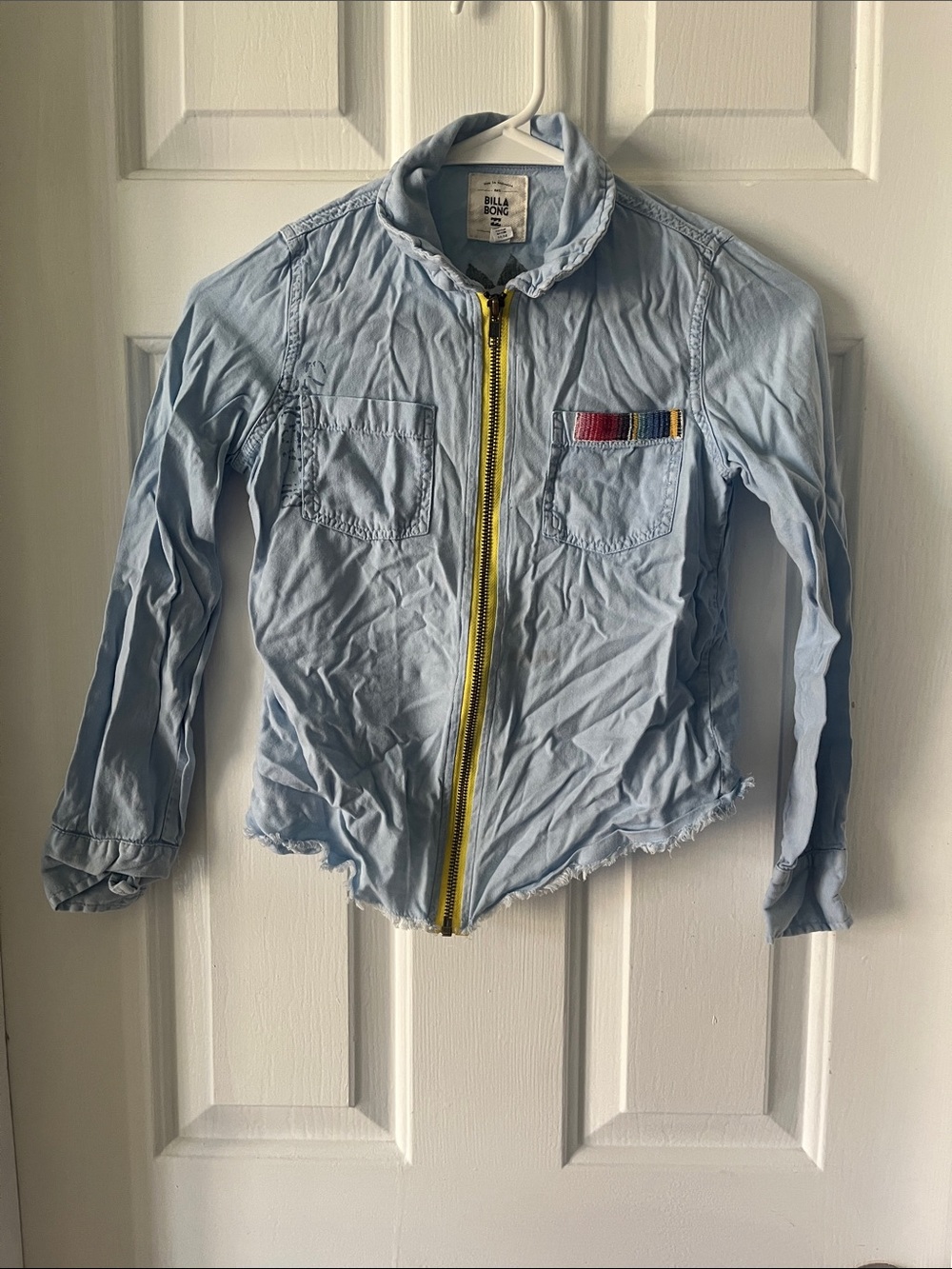 Billabong Light Blue Kids Jean Jacket with Yellow Zipper and Rainbow Trim